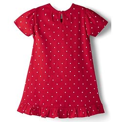 Babyhug Cotton Knit Half Sleeves Nighty with Polka Dot Print - Red