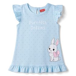 Babyhug Cotton Knit Half Sleeves Nighty with Bunny Print - Blue