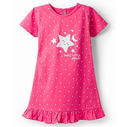 Babyhug Cotton Knit Half Sleeves Nighty With Star & Polka Dots Print - Pink