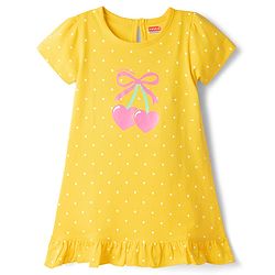 Babyhug Cotton Knit Half Sleeves Nighty With Polka Dot Print - Yellow