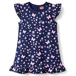 Babyhug Cotton Knit Half Sleeves Nighty With Floral & Butterfly Print - Navy Blue