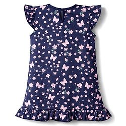 Babyhug Cotton Knit Half Sleeves Nighty With Floral & Butterfly Print - Navy Blue