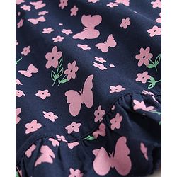 Babyhug Cotton Knit Half Sleeves Nighty With Floral & Butterfly Print - Navy Blue