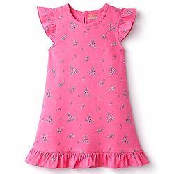 Babyhug Cotton Knit Half Sleeves Nighty With Floral Print - Pink