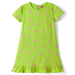 Babyhug Cotton Knit Half Sleeves Nighty With Cherry Print - Green