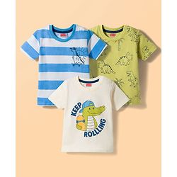 Babyhug Cotton Knit Half Sleeves T-Shirts With Dino Print Pack of 3 - Multicolor