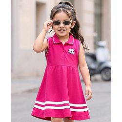 Babyhug Knit Sleeveless Frock With New York Print - Dark Pink