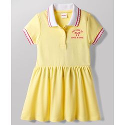 Babyhug Cotton Knit Half Sleeves Collared Frock with Text Print - Yellow