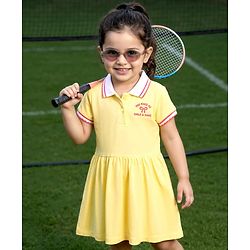 Babyhug Cotton Knit Half Sleeves Collared Frock with Text Print - Yellow