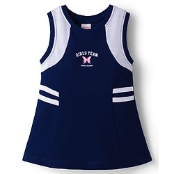 Babyhug Knit Sleeveless Frock With Butterfly Print - Navy Blue