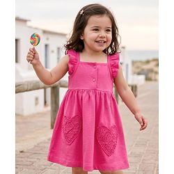 Babyhug Knit Sleeveless Frock With Heart Patch - Dark Pink