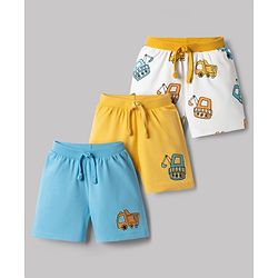 Babyhug Cotton Knit Mid Thigh Construction Vehicles Printed Shorts Pack Of 3 - Multi Color
