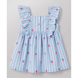 Babyhug 100% Cotton Knit Frill Sleeves Strawberry Printed & Striped Frock - Light Blue