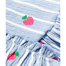 Babyhug 100% Cotton Knit Frill Sleeves Strawberry Printed & Striped Frock - Light Blue