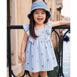 Babyhug 100% Cotton Knit Frill Sleeves Strawberry Printed & Striped Frock - Light Blue