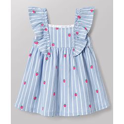 Babyhug 100% Cotton Knit Frill Sleeves Strawberry Printed & Striped Frock - Light Blue