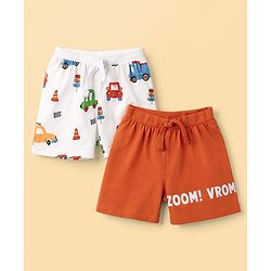 Babyhug Cotton Knit Mid Thigh Vehicles Printed Shorts Pack Of 2 - Multi Color