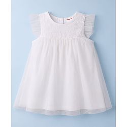Babyhug Mesh Knit Frill Sleeves One Piece Dress/Frock With Floral Embroidery - White