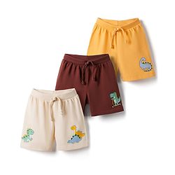Babyhug Single Jersey Knit Mid Thigh Shorts with Dino Print Pack of 3 - Multicolor