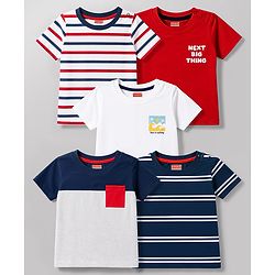 Babyhug 100% Cotton Knit Half Sleeves Striped Beach Theme Text Printed T-Shirts Pack Of 5 - Multicolor