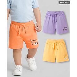 Babyhug 100% Cotton Single Jersey Knit Mid Thigh Shorts With Animal & Text Print Pack of 3 - Multicolor