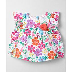 Babyhug Cotton Woven Half Frill Sleeves Floral Printed Top With Applique - Multicolor