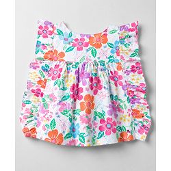 Babyhug Cotton Woven Half Frill Sleeves Floral Printed Top With Applique - Multicolor