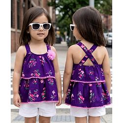 Babyhug Woven Sleeveless Top with Floral Print &  Applique - Multicolor