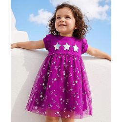 Babyhug Knitted Half Frill Sleeves Star Foil Printed Frock With Patch - Purple
