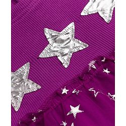 Babyhug Knitted Half Frill Sleeves Star Foil Printed Frock With Patch - Purple