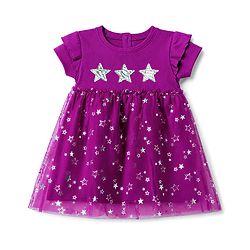 Babyhug Knitted Half Frill Sleeves Star Foil Printed Frock With Patch - Purple