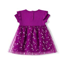Babyhug Knitted Half Frill Sleeves Star Foil Printed Frock With Patch - Purple