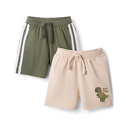 Babyhug Cotton Knit Mid Thigh Length Shorts with Dino Print & Tape Detailing Pack of 2 - Multicolor