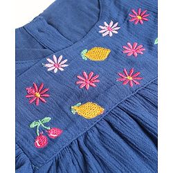 Babyhug Crinkled Crepe 100% Cotton Woven Top with Half Sleeves and Fruit and Flowers Embroidery - Navy
