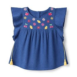 Babyhug Crinkled Crepe 100% Cotton Woven Top with Half Sleeves and Fruit and Flowers Embroidery - Navy