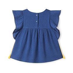 Babyhug Crinkled Crepe 100% Cotton Woven Top with Half Sleeves and Fruit and Flowers Embroidery - Navy