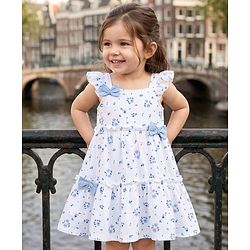 Babyhug Knitted Frill Sleeves Frock with Bow Applique & Floral Print - White