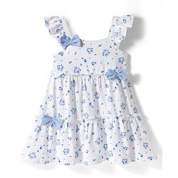 Babyhug Knitted Frill Sleeves Frock with Bow Applique & Floral Print - White