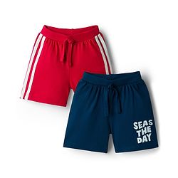 Babyhug Cotton Knit Mid Thigh Length Shorts with Text Print & Tape Detailing Pack of 2 - Red & Navy Blue