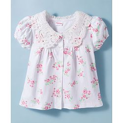 Babyhug Cotton Knit Half Sleeves Top with Floral Print & Schiffli Detailing - White