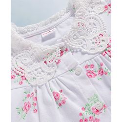 Babyhug Cotton Knit Half Sleeves Top with Floral Print & Schiffli Detailing - White