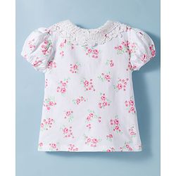 Babyhug Cotton Knit Half Sleeves Top with Floral Print & Schiffli Detailing - White