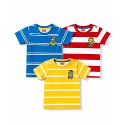 Babyhug 100% Cotton Knit Half Sleeves Animal Printed Striped T-Shirts Pack of 3 - Blue Yellow & Red