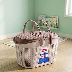 Babyhug Multipurpose Basket with Lid | Multipurpose Oval Storage Basket with Handle & Dual-Sided Lid| Toys Storage| Home, Travel & Outdoor Use| Picnic Basket| Easy to Clean & Maintain  Blue