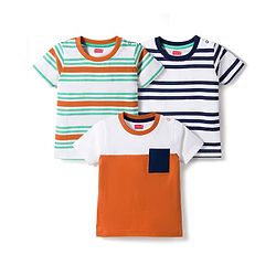 Babyhug 100% Cotton Knit Half Sleeves Striped T-Shirts Pack Of 3 - Multicolour