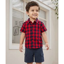 Babyhug Cotton Woven Half Sleeves Checkered Shirt & Shorts Set - Red & Navy Blue
