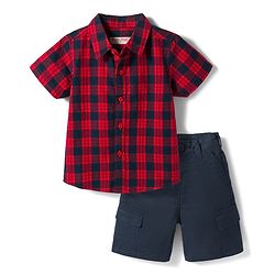 Babyhug Cotton Woven Half Sleeves Checkered Shirt & Shorts Set - Red & Navy Blue