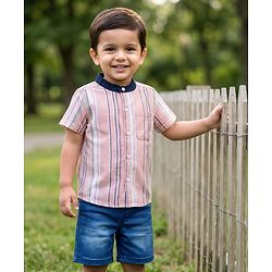 Babyhug Denim Woven Half Sleeves Striped Shirt & Shorts Set - Multicolor