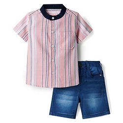 Babyhug Denim Woven Half Sleeves Striped Shirt & Shorts Set - Multicolor