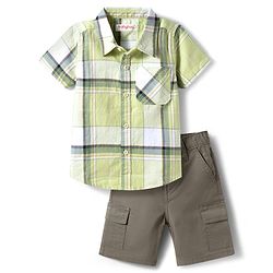 Babyhug Cotton Knit Half Sleeves Checkered Shirt & Shorts Set - Brown & Light Green